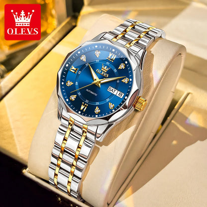 OLEVS 6727 Luxury Women Watch Brand Original All Automatic Mechanical Watch Roman Diamond Double Calendar Waterproof Women Watch