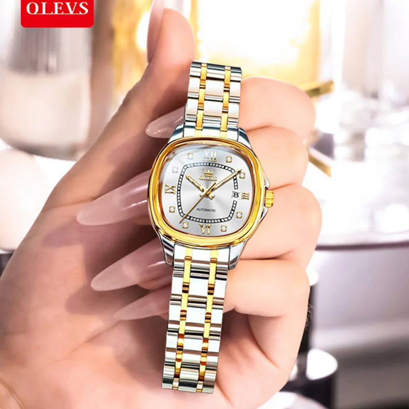 OLEVS 9810 Women Watch Automatic Mechanical Watch Simple Roman Scale Square Diamond Women Watch Waterproof Calendar Dress Watch detail view