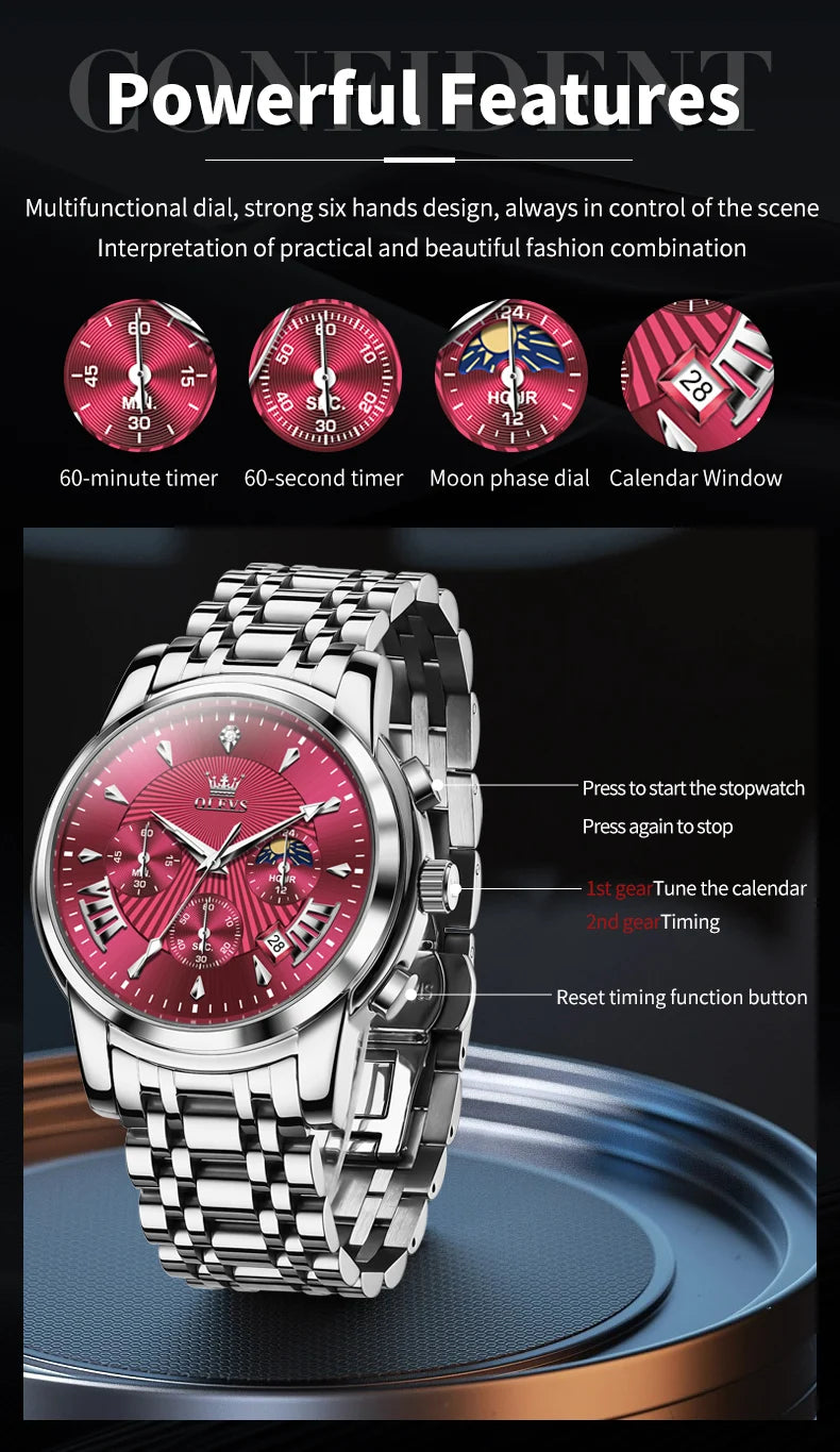 OLEVS 2892 Men Watch Original Quartz Watch Luxury Brand Waterproof Luminous Chronograph Classic Business Moon Phase Men Watch