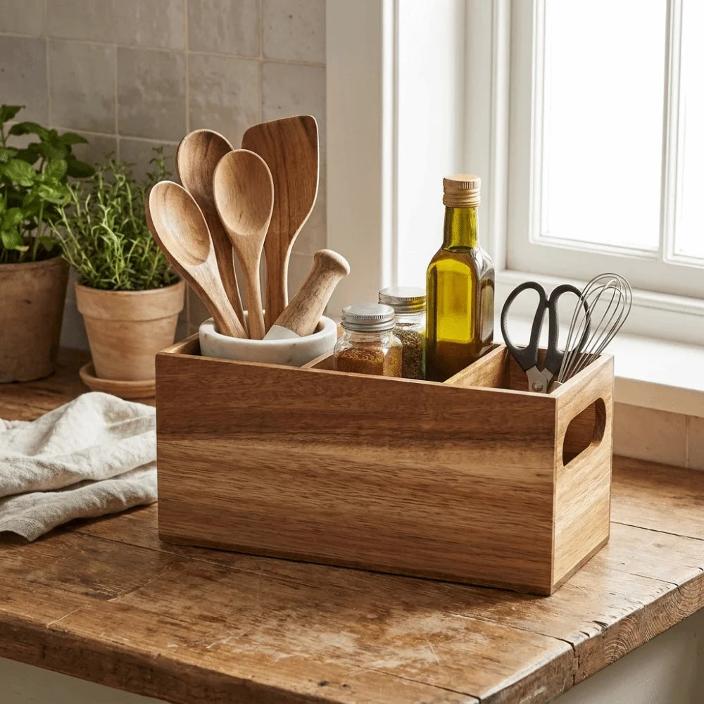 Kitchen Tools Wooden Utensil Organizer 3 Compartment Durable Storage Rack Space Saving Rustic Silverware Storage Box Countertop