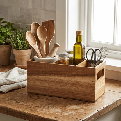 Kitchen Tools Wooden Utensil Organizer 3 Compartment Durable Storage Rack Space Saving Rustic Silverware Storage Box Countertop