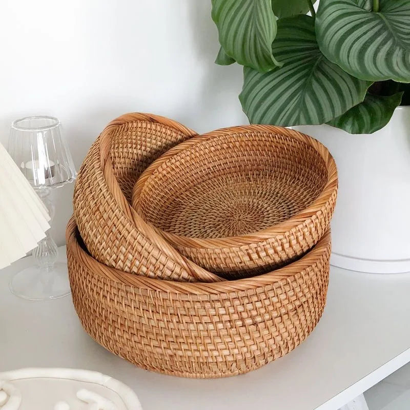 Round Rattan Storage Baskets Set Handwoven Wicker Organizer for Home Decor Kitchen Bathroom Bedroom Decorative Storage Bins