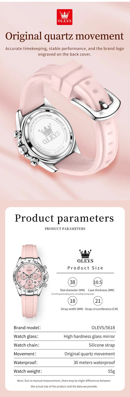 OLEVS 5618 Women Watch HD Multi Functional Waterproof Luminous Chronograph Sports Silicone Strap Luxury Brand Quartz Women Watch