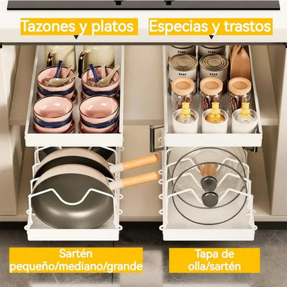 Kitchen Multifunctional Organizer - Pull-Out for Pots/Pans, Sliding Lid Holder, Spice Rack & Dish Drying Racks Drawer Organizer