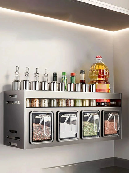 Kitchen wall storage organizer with sturdy stainless steel frame, wall mounted for spice box, jar and daily kitchen storage
