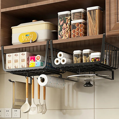 Kitchen Under Cabinet Basket Organizer Storage Hanger Cup Holder Closet Desk Hanging Rack for Kitchen Paper Towel with 4 hooks