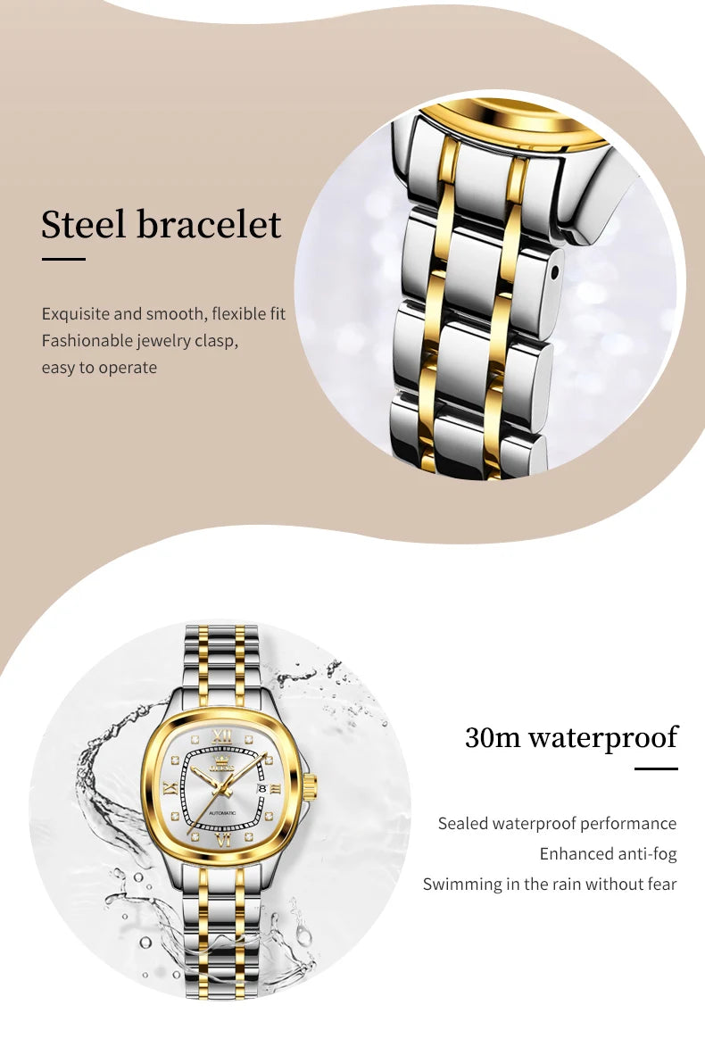 OLEVS 9810 Women Watch Automatic Mechanical Watch Simple Roman Scale Square Diamond Women Watch Waterproof Calendar Dress Watch