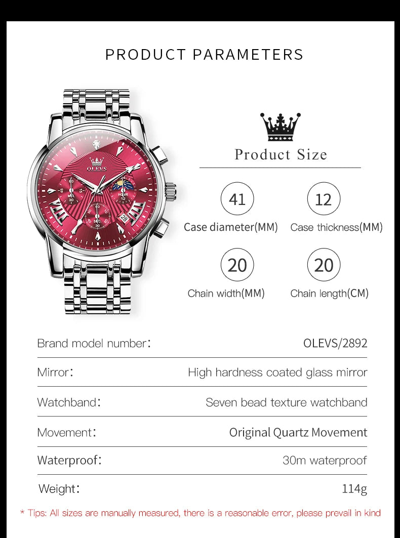 OLEVS 2892 Men Watch Original Quartz Watch Luxury Brand Waterproof Luminous Chronograph Classic Business Moon Phase Men Watch