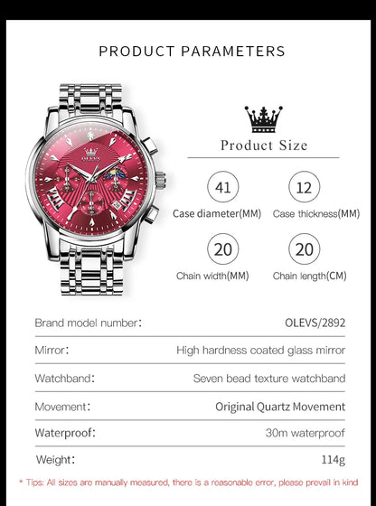 OLEVS 2892 Men Watch Original Quartz Watch Luxury Brand Waterproof Luminous Chronograph Classic Business Moon Phase Men Watch