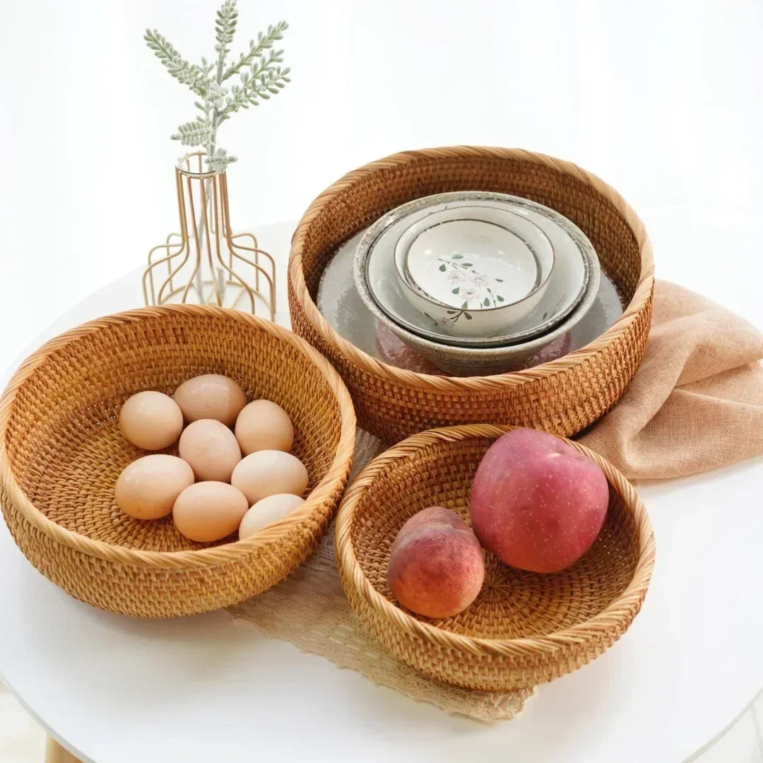 Round Rattan Storage Baskets Set Handwoven Wicker Organizer for Home Decor Kitchen Bathroom Bedroom Decorative Storage Bins