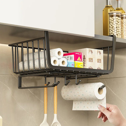 Kitchen Under Cabinet Basket Organizer Storage Hanger Cup Holder Closet Desk Hanging Rack for Kitchen Paper Towel with 4 hooks