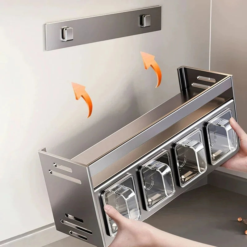 Kitchen wall storage organizer with sturdy stainless steel frame, wall mounted for spice box, jar and daily kitchen storage