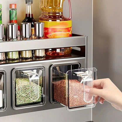 Kitchen wall storage organizer with sturdy stainless steel frame, wall mounted for spice box, jar and daily kitchen storage