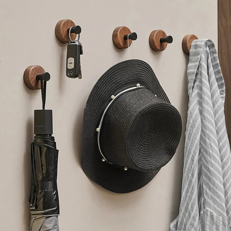 Self-adhesive Solid Wood Hook Walnut Hanging Hanger Bathroom Bedroom Wall Hook for Key Bag Towel Coat Home Decor Organizer Hook