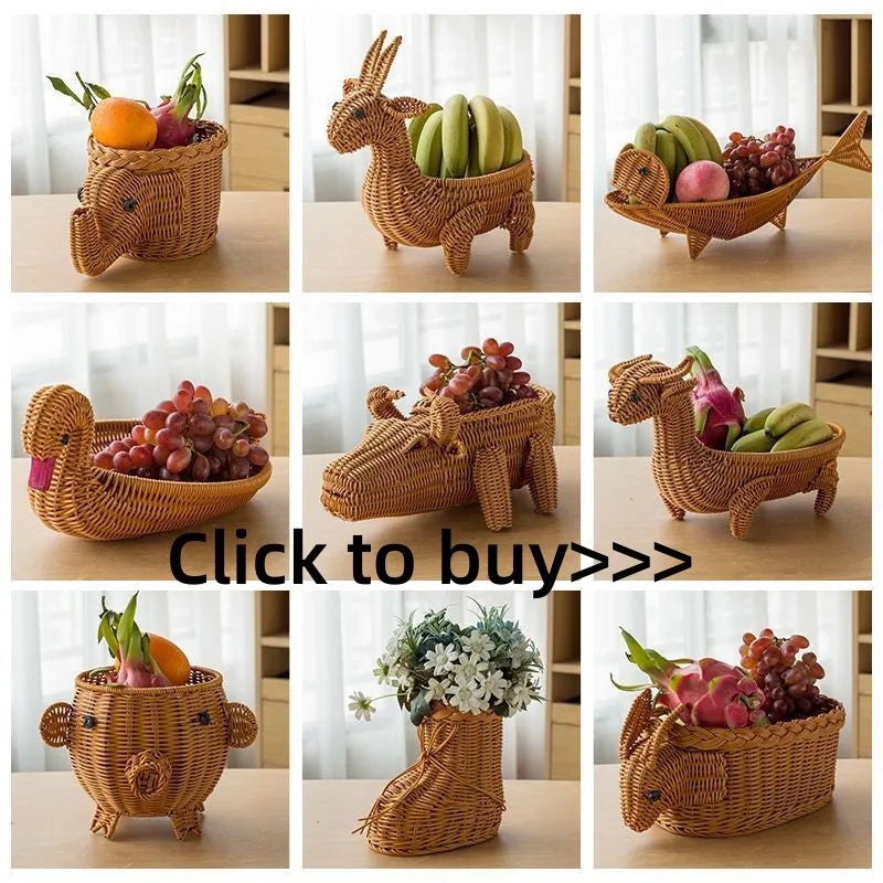 Rattan Woven Fruit Basket Cute Shape Fruit Bowls Tray Vegetable Snack Basket Novelty Animal Shaped Home Decor Organizer Handmade