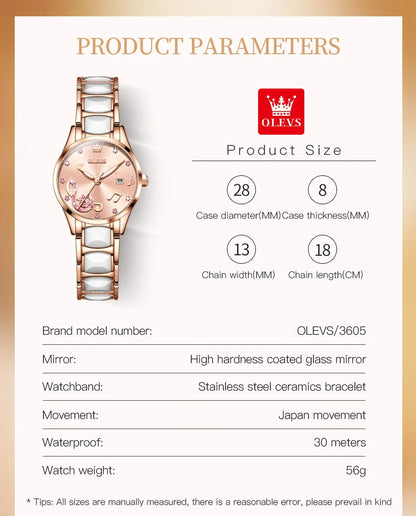 OLEVS 3605 Women Watch Top Brand High Quality Quartz Watch Exquisite Diamond Note Waterproof Dial Dress Ceramic Women Watch