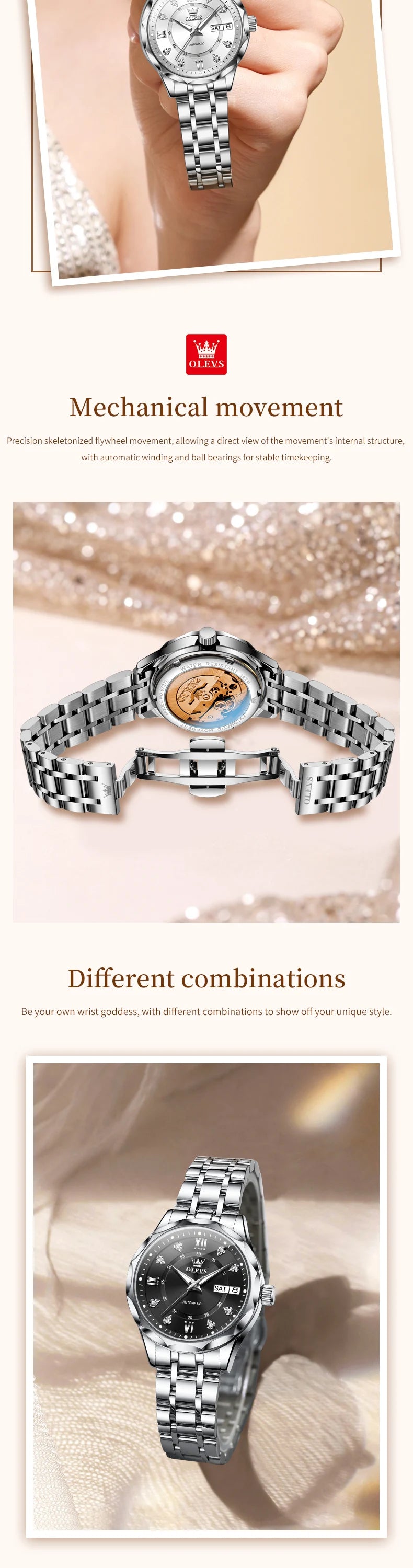 OLEVS 6727 Luxury Women Watch Brand Original All Automatic Mechanical Watch Roman Diamond Double Calendar Waterproof Women Watch