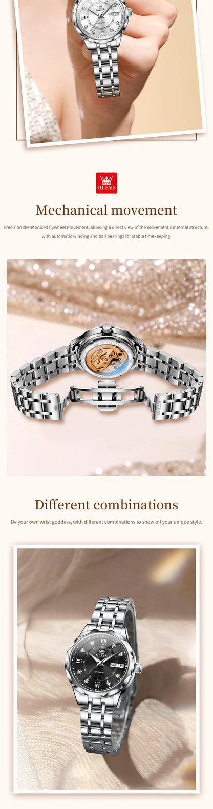 OLEVS 6727 Luxury Women Watch Brand Original All Automatic Mechanical Watch Roman Diamond Double Calendar Waterproof Women Watch