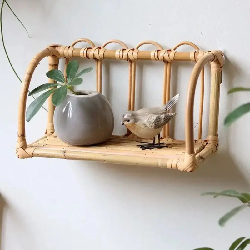 Rattan Wall Shelves Home Organizer Kitchen Storage Living Room Home Decor Small Bookshelf Nordic Log Style Storage Rack detail view