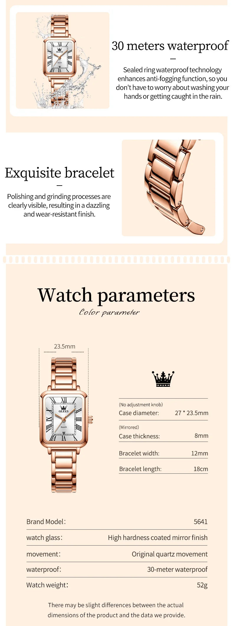 OLEVS 5641 Women Watch Fashion Simple Retro Square Roman Dial Date Waterproof Watch Elegant Luxury Rose Gold Quartz Women Watch