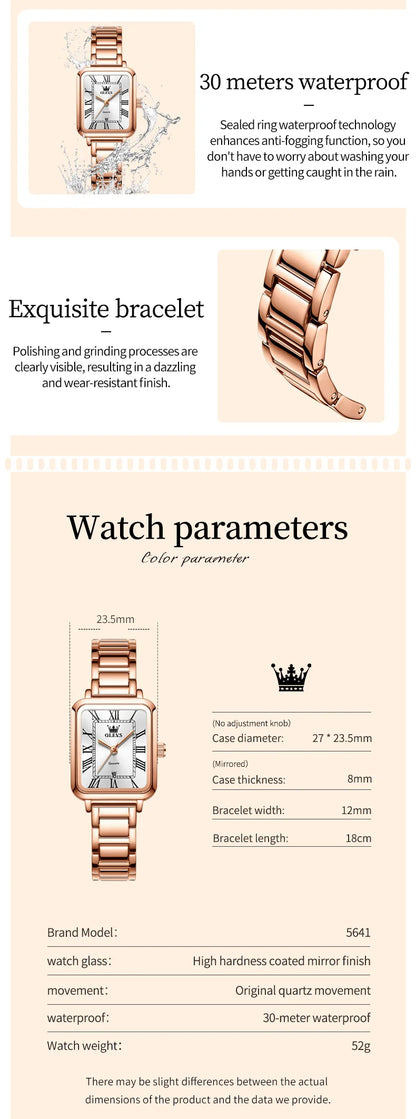 OLEVS 5641 Women Watch Fashion Simple Retro Square Roman Dial Date Waterproof Watch Elegant Luxury Rose Gold Quartz Women Watch