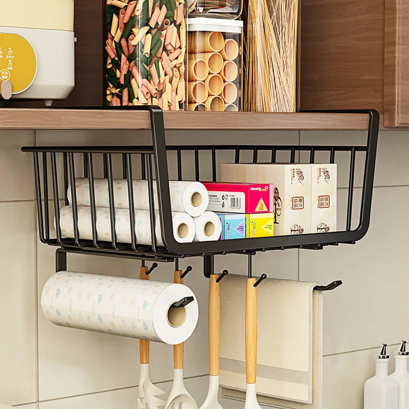 Kitchen Under Cabinet Basket Organizer Storage Hanger Cup Holder Closet Desk Hanging Rack for Kitchen Paper Towel with 4 hooks detail view