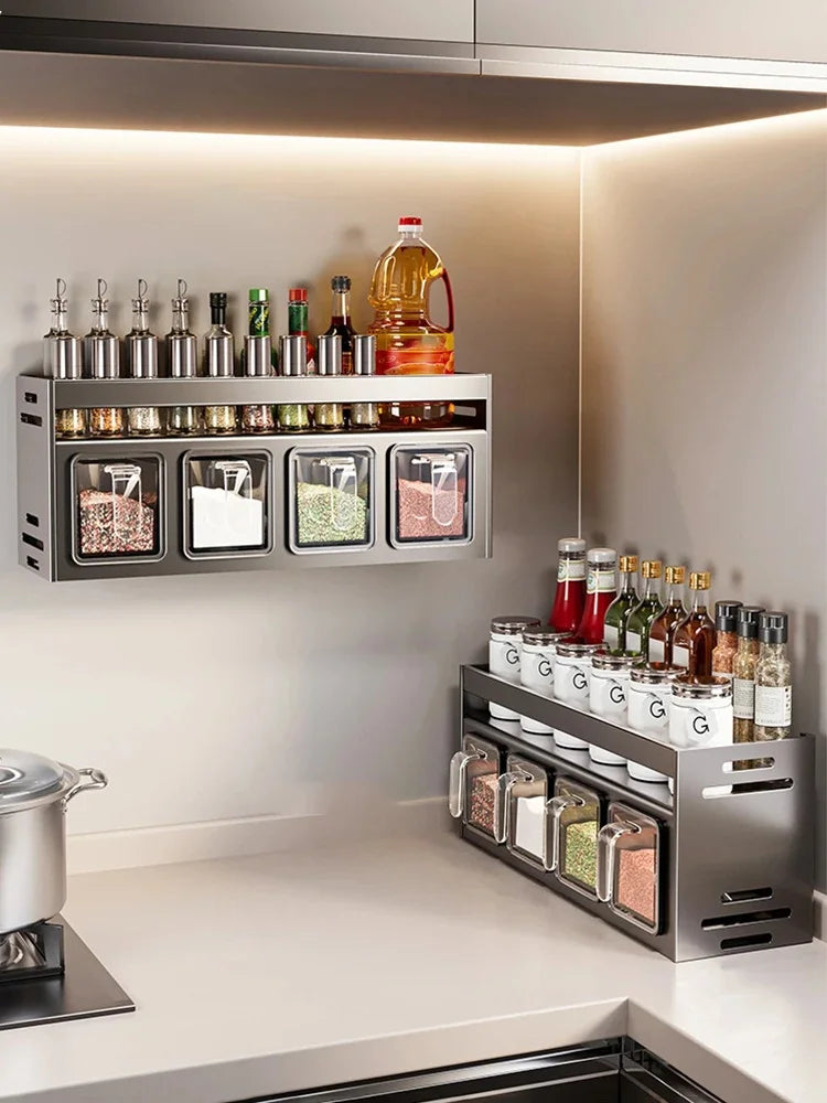 Kitchen wall storage organizer with sturdy stainless steel frame, wall mounted for spice box, jar and daily kitchen storage