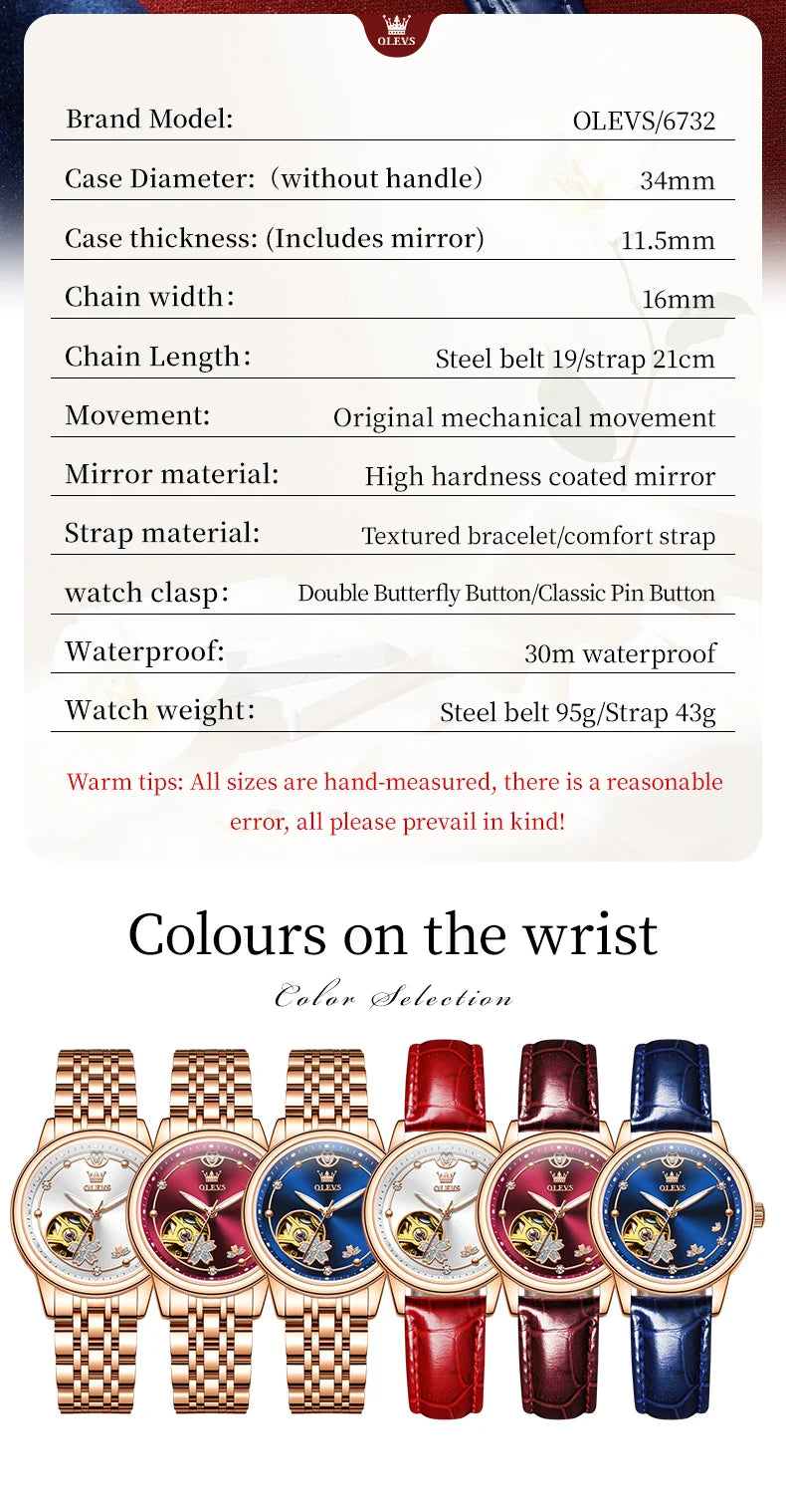 OLEVS 6732 Women Watch Top Luxury Brand All Automatic Mechanical Watch Hollow Diamond Exquisite Dial Dress Bracelet Women Watch