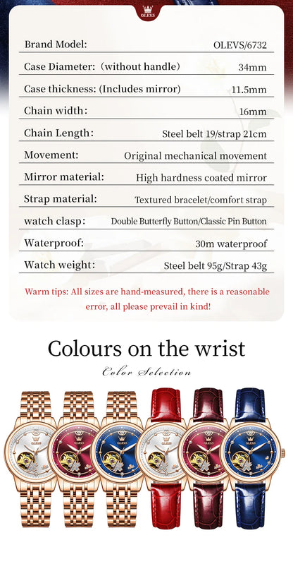 OLEVS 6732 Women Watch Top Luxury Brand All Automatic Mechanical Watch Hollow Diamond Exquisite Dial Dress Bracelet Women Watch