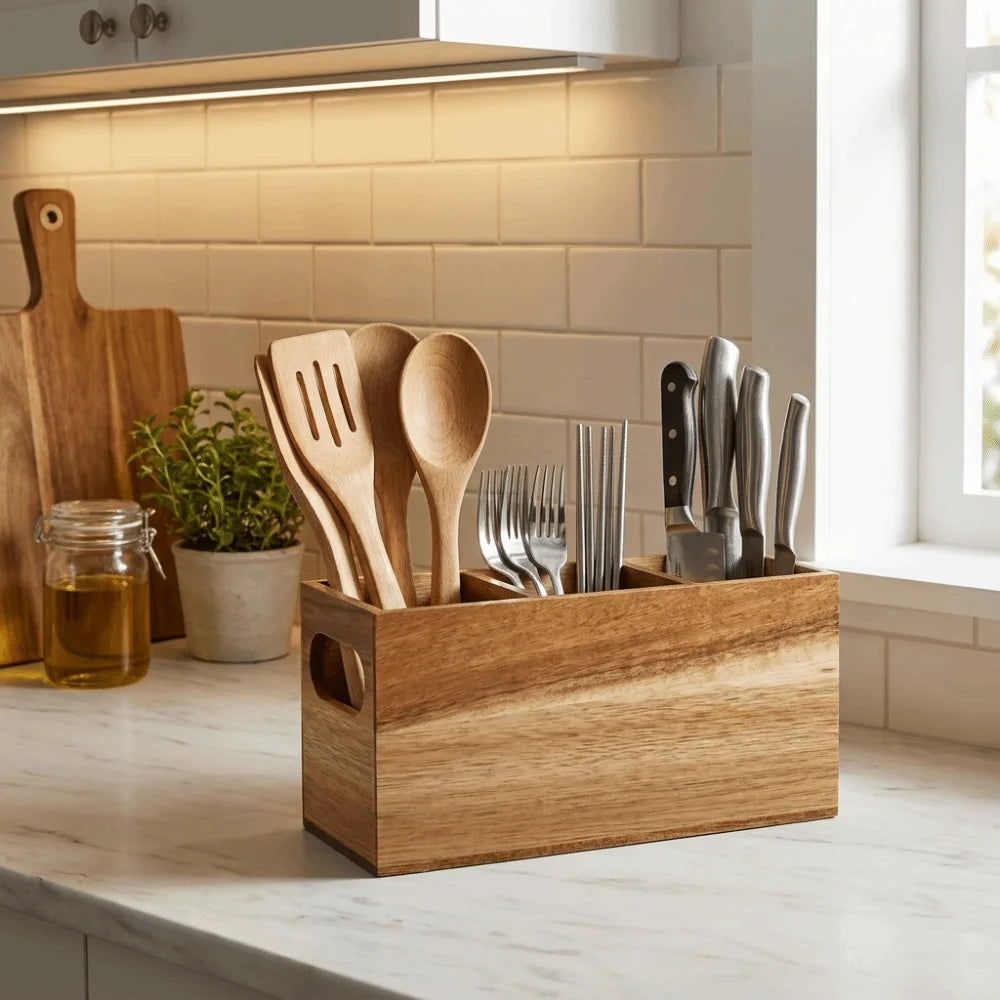Kitchen Tools Wooden Utensil Organizer 3 Compartment Durable Storage Rack Space Saving Rustic Silverware Storage Box Countertop