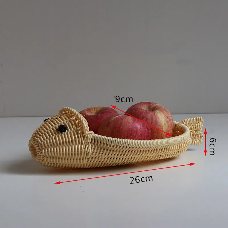 Rattan Woven Fruit Basket Cute Shape Fruit Bowls Tray Vegetable Snack Basket Novelty Animal Shaped Home Decor Organizer Handmade