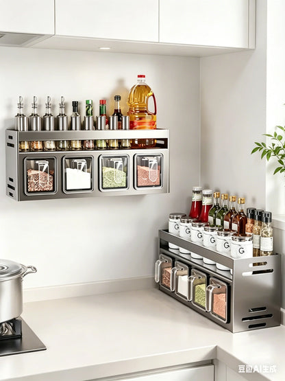 Kitchen wall storage organizer with sturdy stainless steel frame, wall mounted for spice box, jar and daily kitchen storage