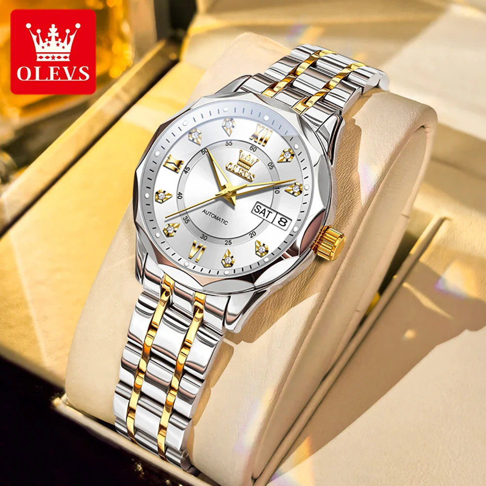 OLEVS 6727 Luxury Women Watch Brand Original All Automatic Mechanical Watch Roman Diamond Double Calendar Waterproof Women Watch