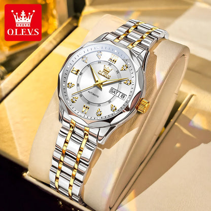 OLEVS 6727 Luxury Women Watch Brand Original All Automatic Mechanical Watch Roman Diamond Double Calendar Waterproof Women Watch