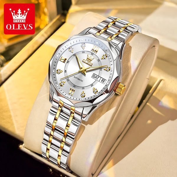 OLEVS 6727 Luxury Women Watch Brand Original All Automatic Mechanical Watch Roman Diamond Double Calendar Waterproof Women Watch