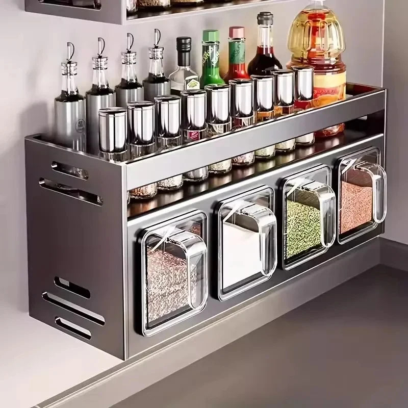 Kitchen wall storage organizer with sturdy stainless steel frame, wall mounted for spice box, jar and daily kitchen storage