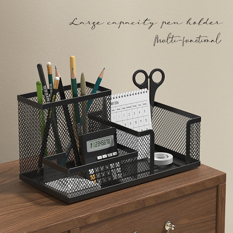 Mesh Desk Organizer Office Supplies Caddy with Pencil Holder and Storage Baskets for Desktop Accessories, 3 Compartments, Black detail view