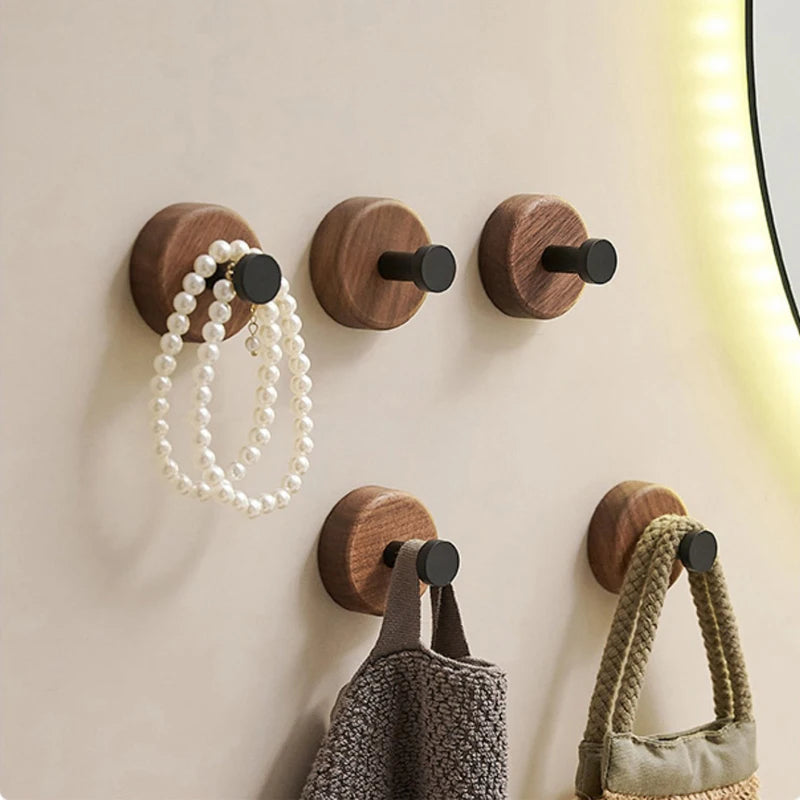 Self-adhesive Solid Wood Hook Walnut Hanging Hanger Bathroom Bedroom Wall Hook for Key Bag Towel Coat Home Decor Organizer Hook detail view