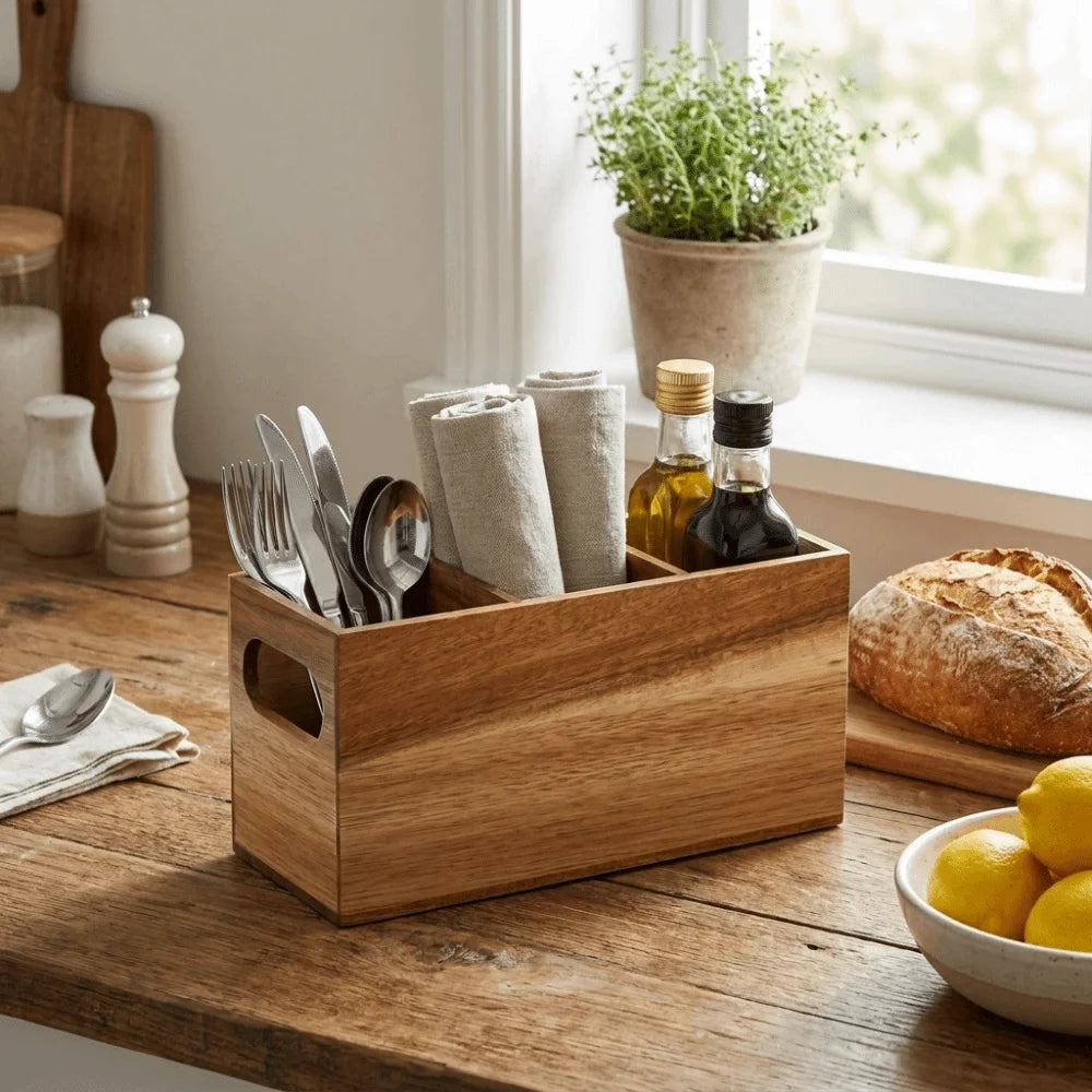 Kitchen Tools Wooden Utensil Organizer 3 Compartment Durable Storage Rack Space Saving Rustic Silverware Storage Box Countertop