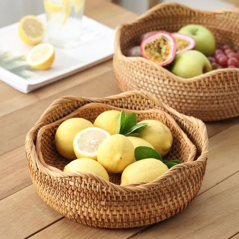 Round Rattan Storage Baskets Set Handwoven Wicker Organizer for Home Decor Kitchen Bathroom Bedroom Decorative Storage Bins