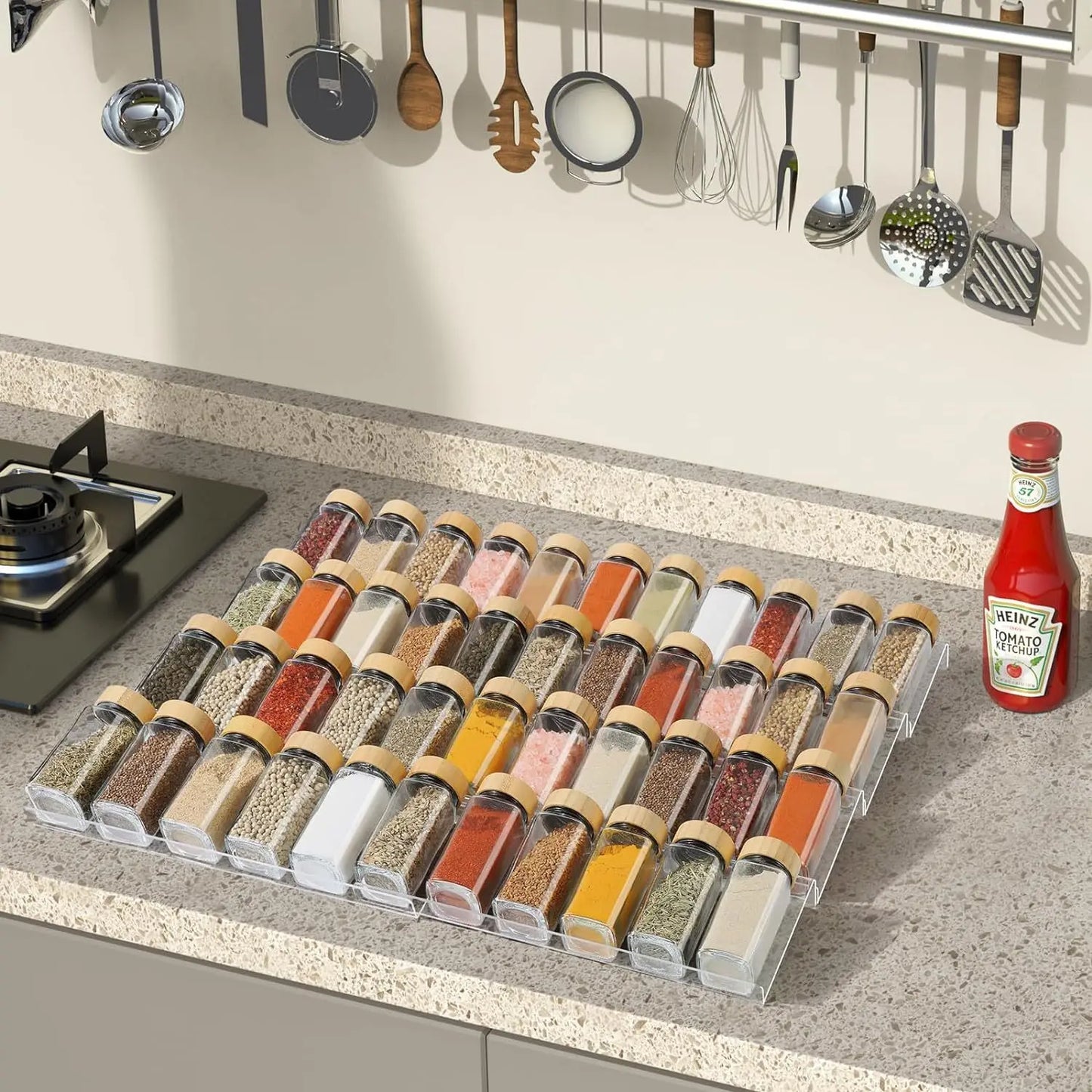 4 Tier Kitchen Organizer Spice Drawer Storage Rack Expandable Acrylic Seasoning Bottle Shelves Spice Racks Kitchen Organizer