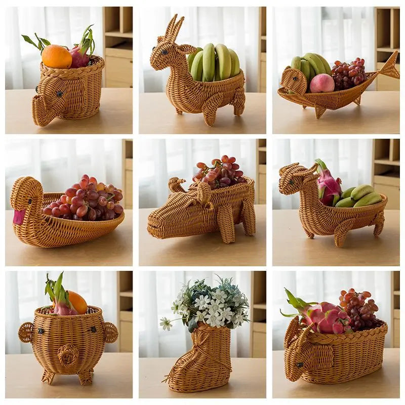 Rattan Woven Fruit Basket Cute Shape Fruit Bowls Tray Vegetable Snack Basket Novelty Animal Shaped Home Decor Organizer Handmade detail view