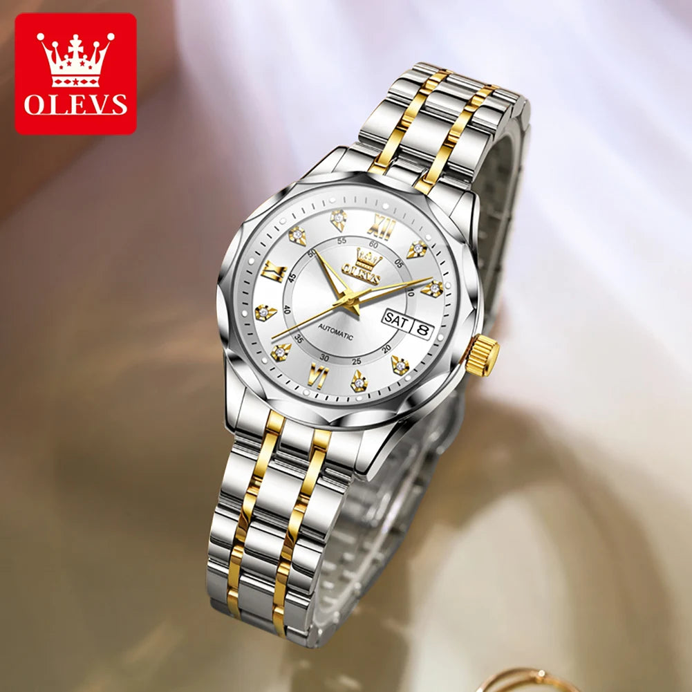 OLEVS 6727 Luxury Women Watch Brand Original All Automatic Mechanical Watch Roman Diamond Double Calendar Waterproof Women Watch
