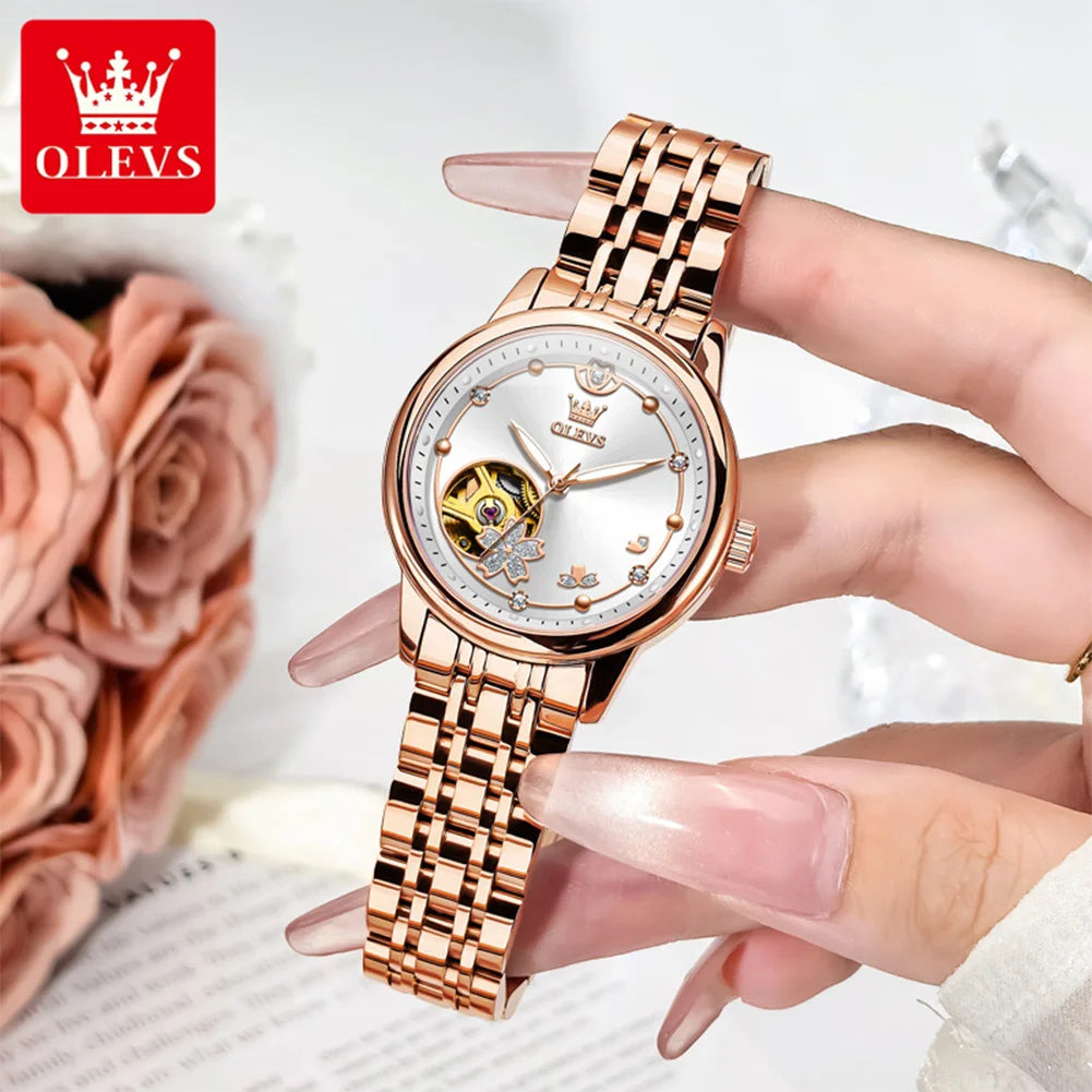 OLEVS 6732 Women Watch Top Luxury Brand All Automatic Mechanical Watch Hollow Diamond Exquisite Dial Dress Bracelet Women Watch