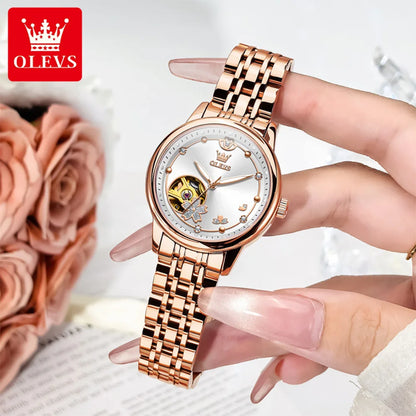 OLEVS 6732 Women Watch Top Luxury Brand All Automatic Mechanical Watch Hollow Diamond Exquisite Dial Dress Bracelet Women Watch