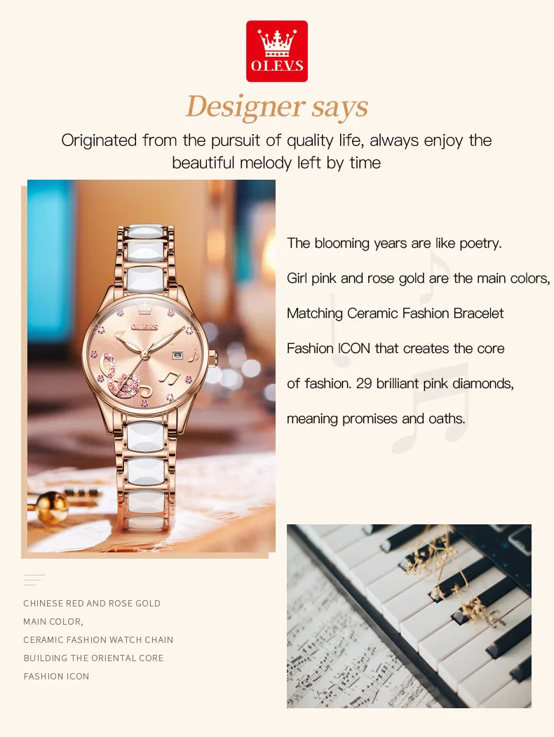 OLEVS 3605 Women Watch Top Brand High Quality Quartz Watch Exquisite Diamond Note Waterproof Dial Dress Ceramic Women Watch
