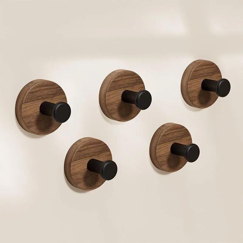 Self-adhesive Solid Wood Hook Walnut Hanging Hanger Bathroom Bedroom Wall Hook for Key Bag Towel Coat Home Decor Organizer Hook