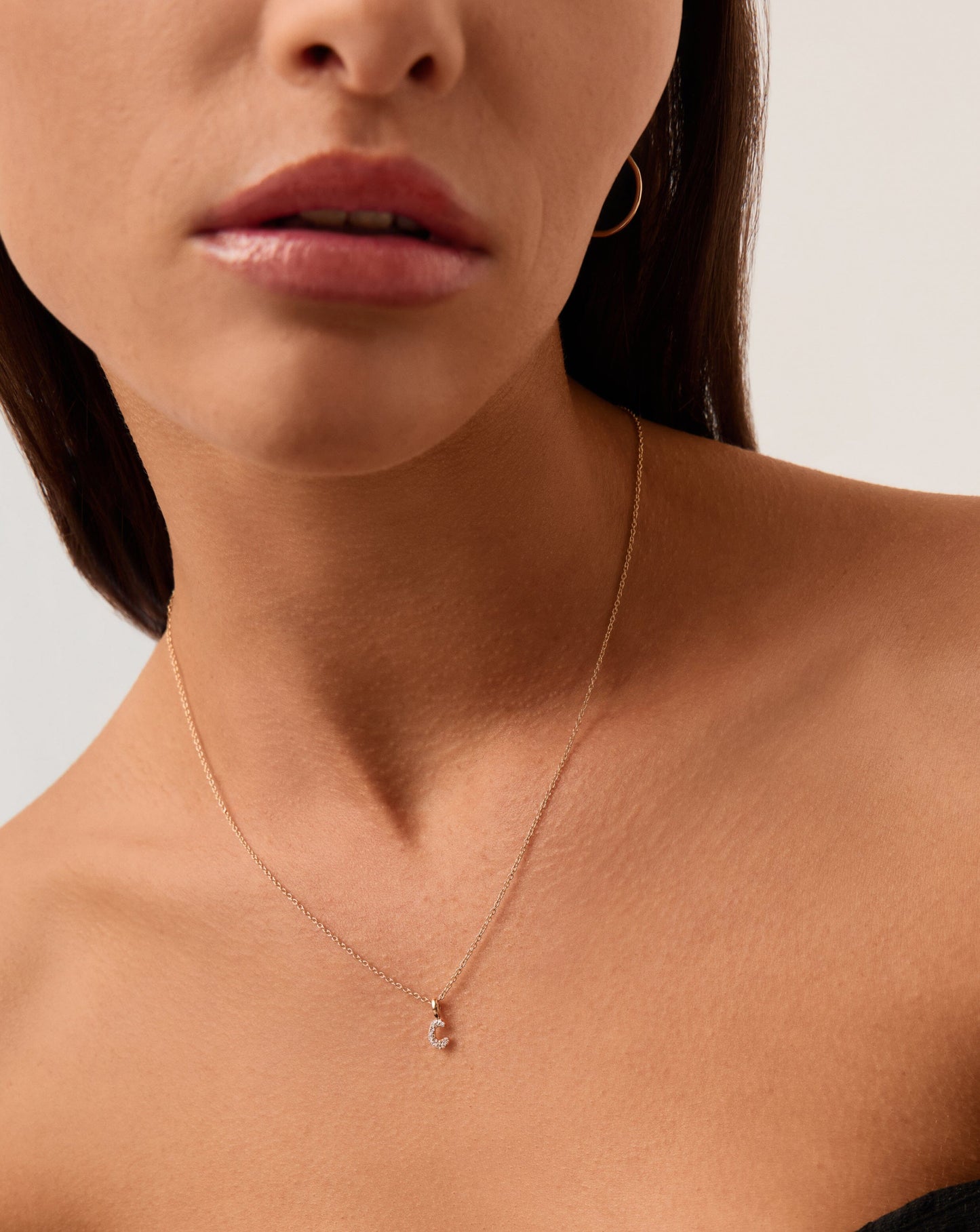 Solid Gold Diamond Initial Mini Pendant Necklace - C| 14ct Solid Yellow Gold Plated/Diamond