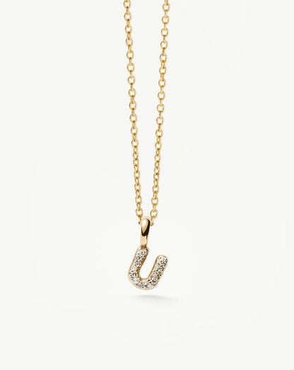 Solid Gold Diamond Initial Mini Pendant Necklace - U | 14ct Solid Yellow Gold Plated/Diamond
