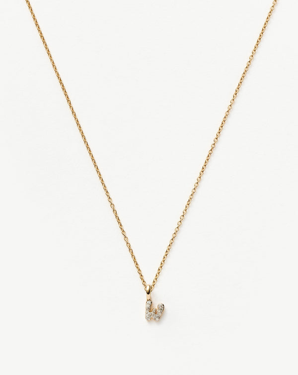 Solid Gold Diamond Initial Mini Pendant Necklace - W | 14ct Solid Yellow Gold Plated/Diamond